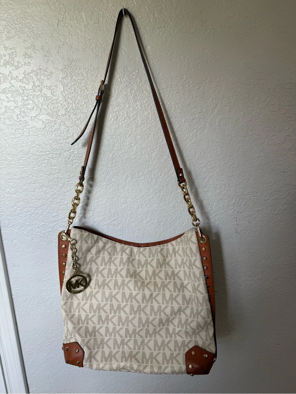 Michael Kors Cream MK Logo Shoulder Bag with Brown Trim